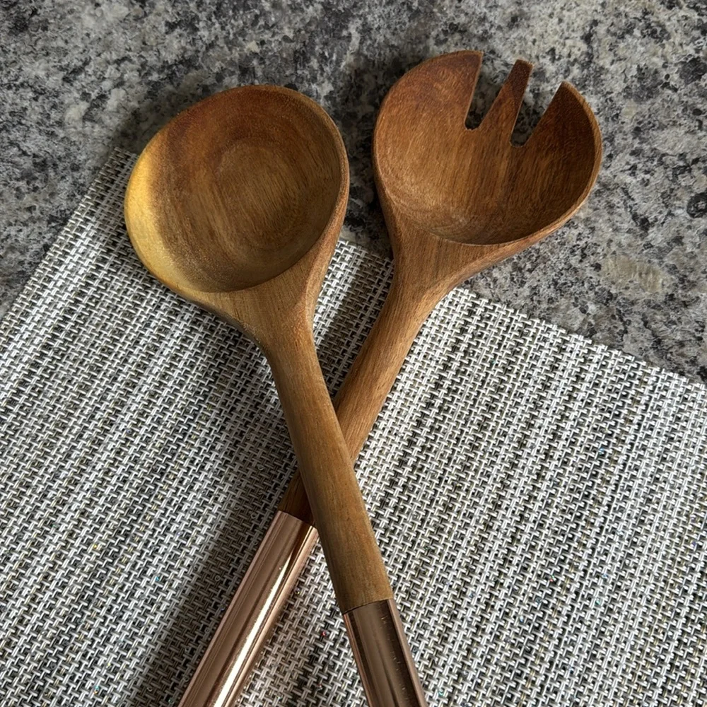 Cravings by Chrissy Teigen Acacia Wood & Gold Metal Handle Salad Serving Set